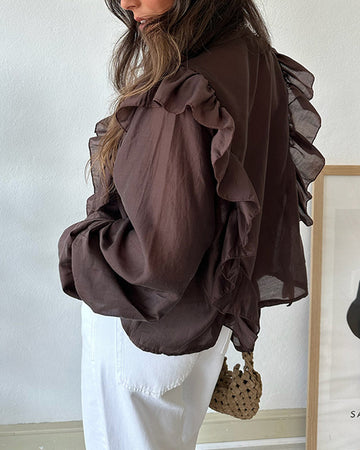 V Neck Lace Up Long Sleeve Blouse Casual Ruffles Design Chiffon Top